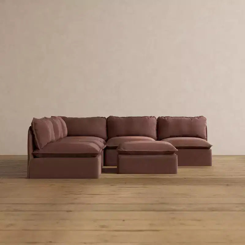 Divano componibile Anabei modulare e lavabile a 5 posti con terminali aperti e pouf - Seduta Memorix+ e cuscino Contour
