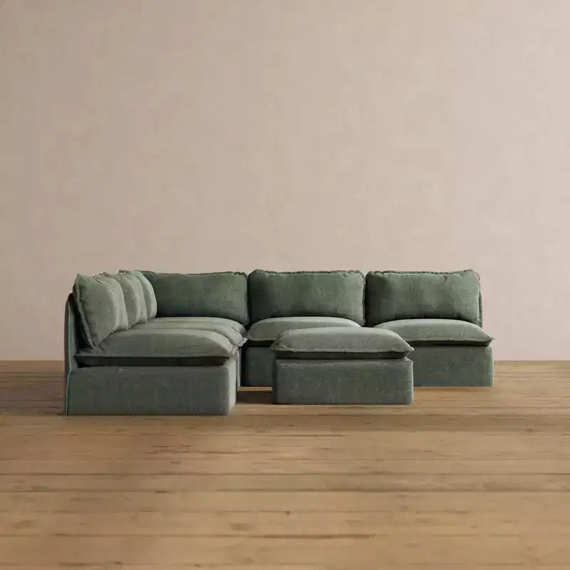 Divano componibile Anabei modulare e lavabile a 5 posti con terminali aperti e pouf - Seduta Memorix+ e cuscino Contour