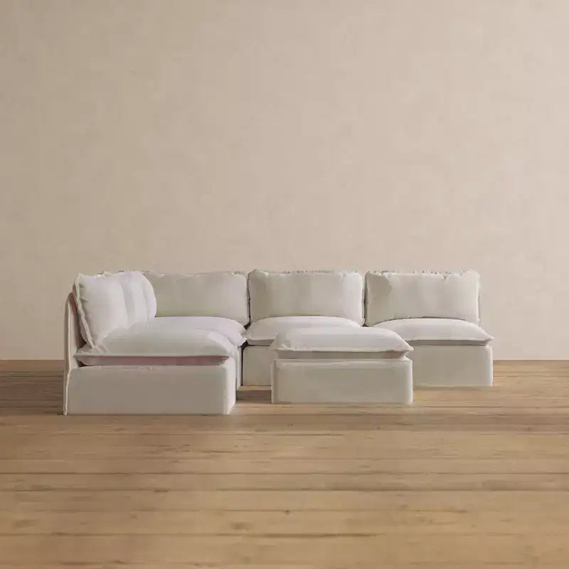 Divano componibile Anabei modulare e lavabile a 5 posti con terminali aperti e pouf - Seduta Memorix+ e cuscino Contour