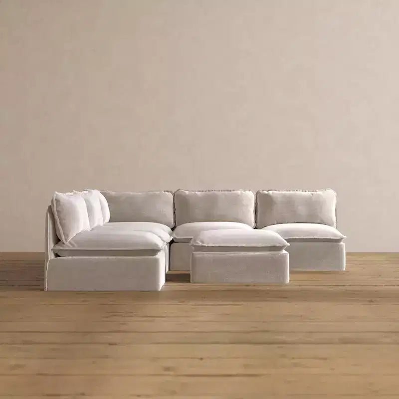 Divano componibile Anabei modulare e lavabile a 5 posti con terminali aperti e pouf - Seduta Memorix+ e cuscino Contour