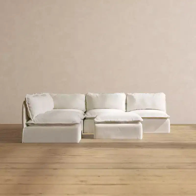 Divano componibile Anabei modulare e lavabile a 5 posti con terminali aperti e pouf - Seduta Memorix+ e cuscino Contour