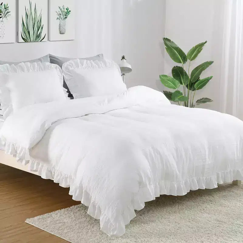 Completo copripiumino vintage con balze e frange in morbida microfibra, biancheria da letto shabby chic da fattoria, 1 copripiumino e 2 federe misura (228,6x228,6 cm)