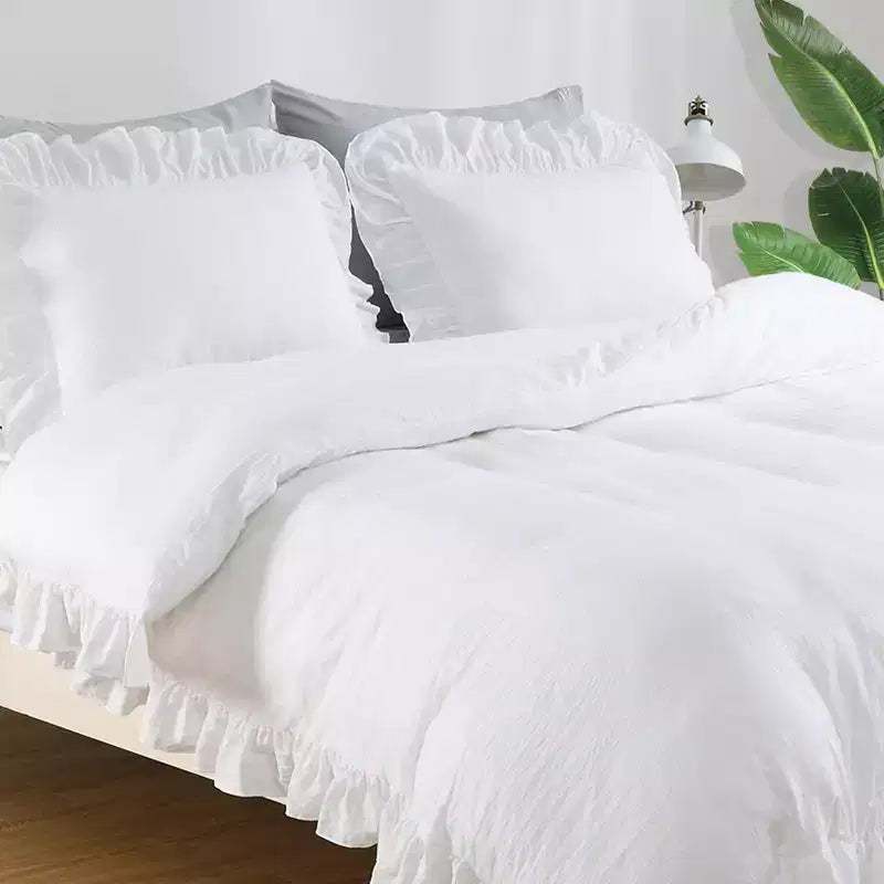 Completo copripiumino vintage con balze e frange in morbida microfibra, biancheria da letto shabby chic da fattoria, 1 copripiumino e 2 federe misura (228,6x228,6 cm)