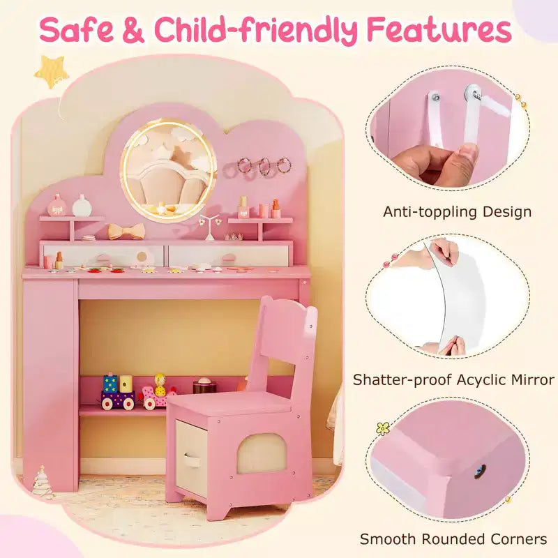 Costway Toeletta per bambini con luci, 2 cassetti e libreria a 2 ripiani, 3 ganci e 2 mensole aperte bianco/rosa