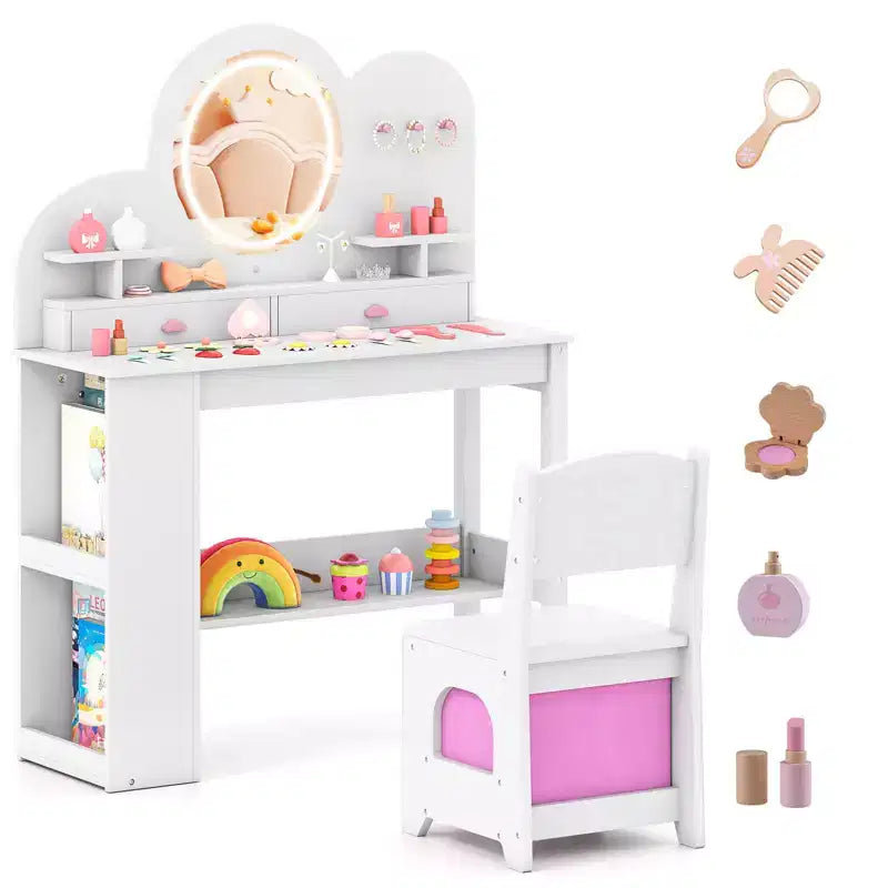 Costway Toeletta per bambini con luci, 2 cassetti e libreria a 2 ripiani, 3 ganci e 2 mensole aperte bianco/rosa