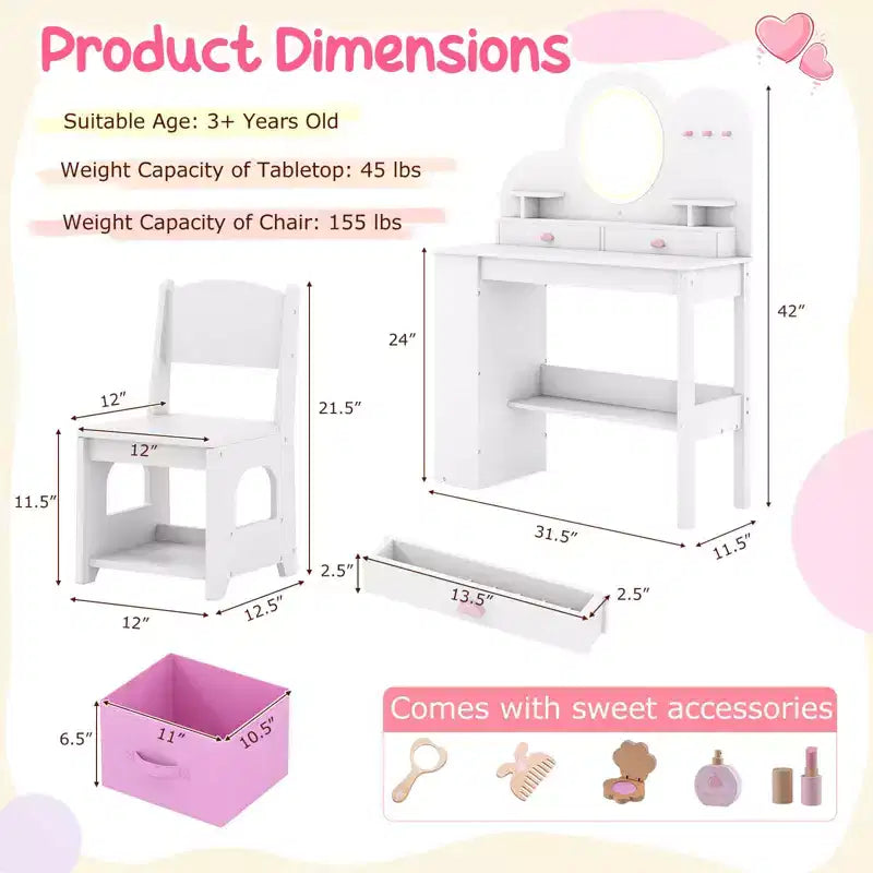 Costway Toeletta per bambini con luci, 2 cassetti e libreria a 2 ripiani, 3 ganci e 2 mensole aperte bianco/rosa