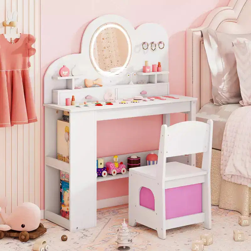 Costway Toeletta per bambini con luci, 2 cassetti e libreria a 2 ripiani, 3 ganci e 2 mensole aperte bianco/rosa