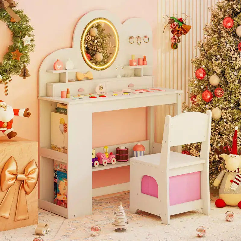 Costway Toeletta per bambini con luci, 2 cassetti e libreria a 2 ripiani, 3 ganci e 2 mensole aperte bianco/rosa