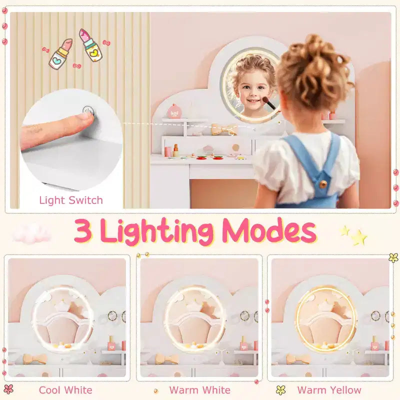 Costway Toeletta per bambini con luci, 2 cassetti e libreria a 2 ripiani, 3 ganci e 2 mensole aperte bianco/rosa