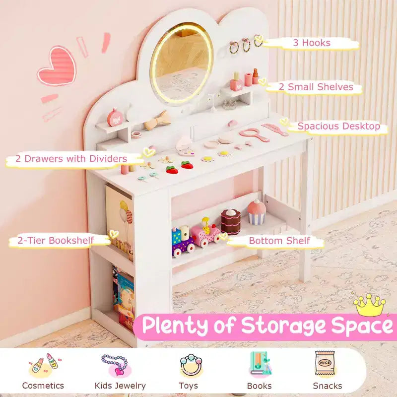 Costway Toeletta per bambini con luci, 2 cassetti e libreria a 2 ripiani, 3 ganci e 2 mensole aperte bianco/rosa