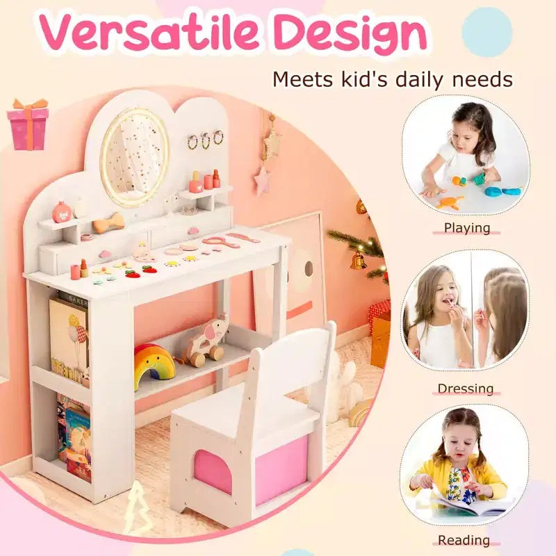 Costway Toeletta per bambini con luci, 2 cassetti e libreria a 2 ripiani, 3 ganci e 2 mensole aperte bianco/rosa