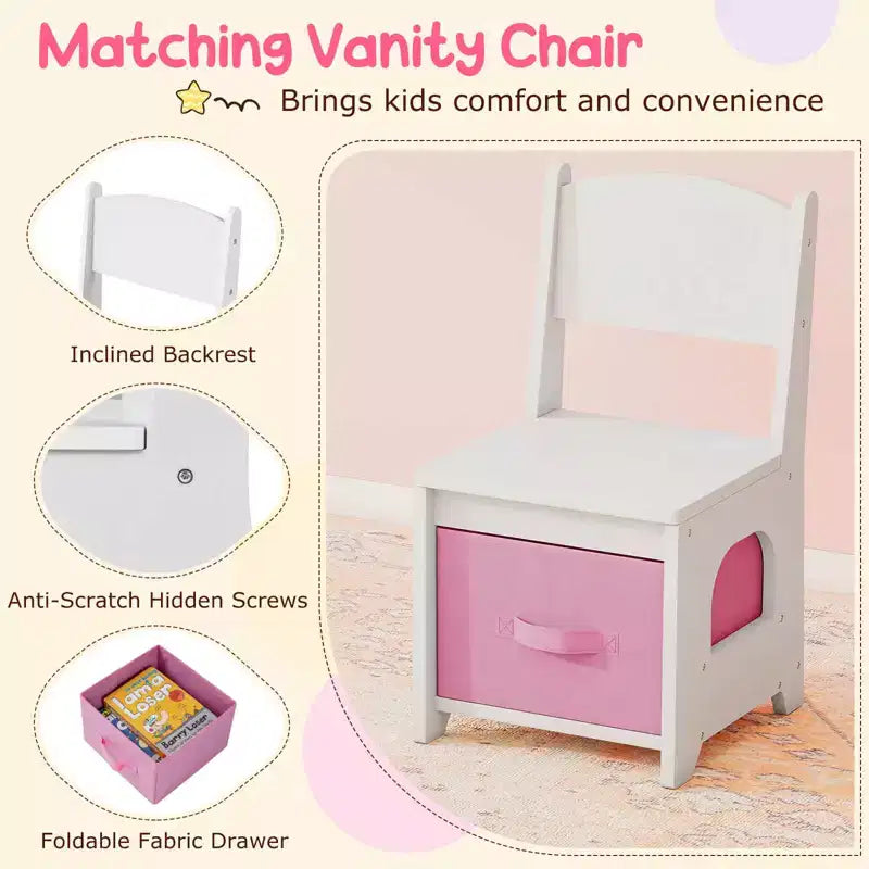 Costway Toeletta per bambini con luci, 2 cassetti e libreria a 2 ripiani, 3 ganci e 2 mensole aperte bianco/rosa