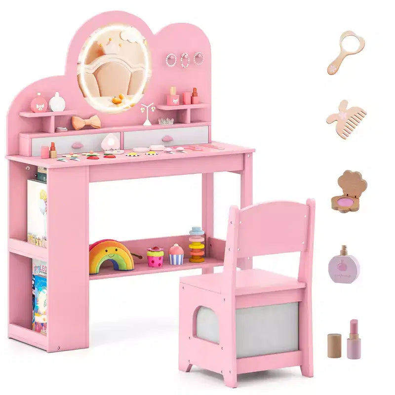 Costway Toeletta per bambini con luci, 2 cassetti e libreria a 2 ripiani, 3 ganci e 2 mensole aperte bianco/rosa
