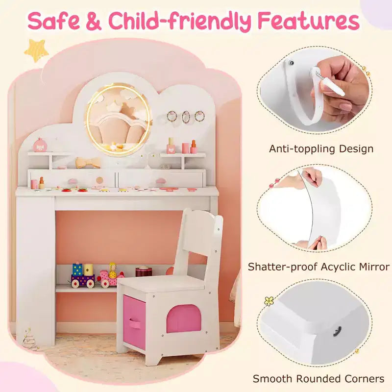 Costway Toeletta per bambini con luci, 2 cassetti e libreria a 2 ripiani, 3 ganci e 2 mensole aperte bianco/rosa