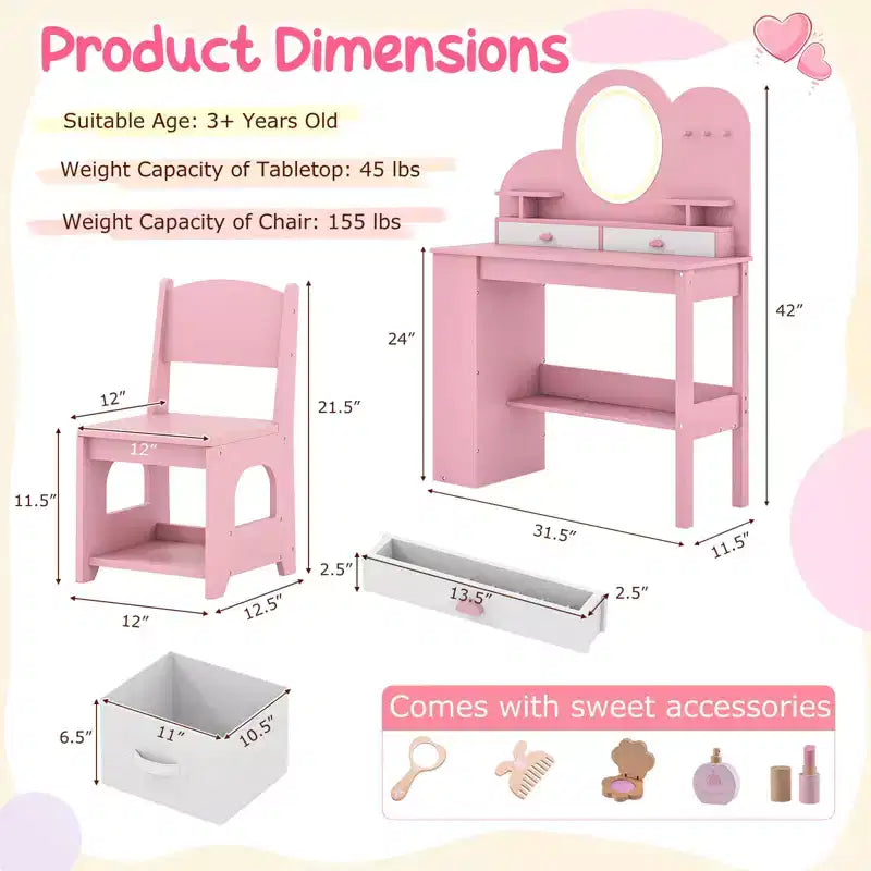 Costway Toeletta per bambini con luci, 2 cassetti e libreria a 2 ripiani, 3 ganci e 2 mensole aperte bianco/rosa