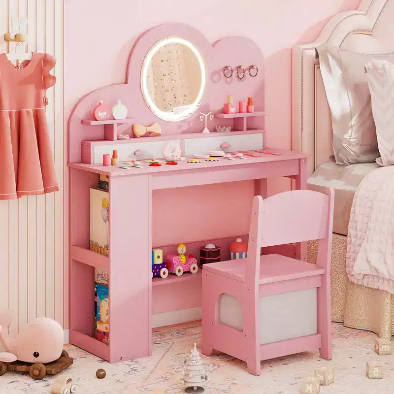 Costway Toeletta per bambini con luci, 2 cassetti e libreria a 2 ripiani, 3 ganci e 2 mensole aperte bianco/rosa