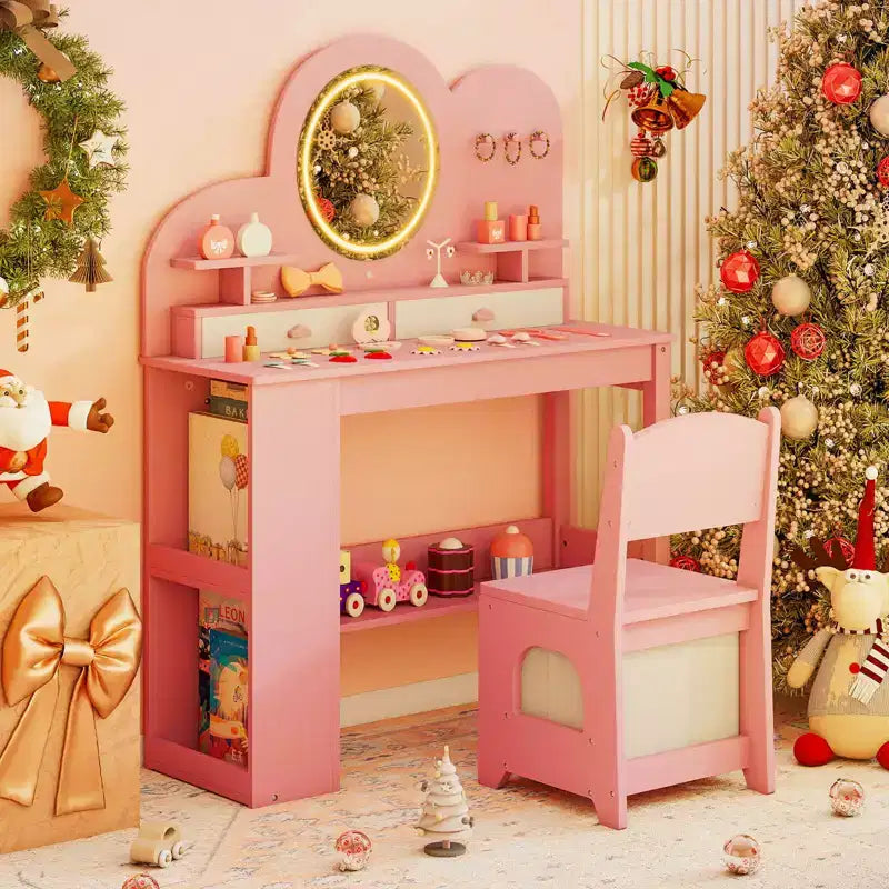 Costway Toeletta per bambini con luci, 2 cassetti e libreria a 2 ripiani, 3 ganci e 2 mensole aperte bianco/rosa