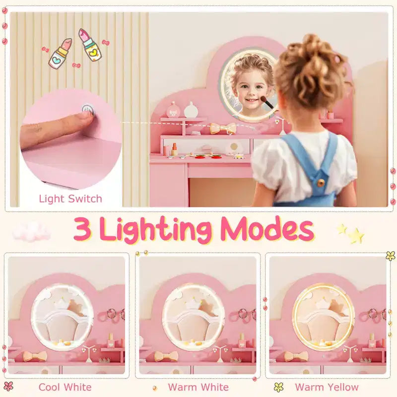 Costway Toeletta per bambini con luci, 2 cassetti e libreria a 2 ripiani, 3 ganci e 2 mensole aperte bianco/rosa