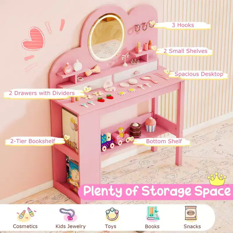 Costway Toeletta per bambini con luci, 2 cassetti e libreria a 2 ripiani, 3 ganci e 2 mensole aperte bianco/rosa