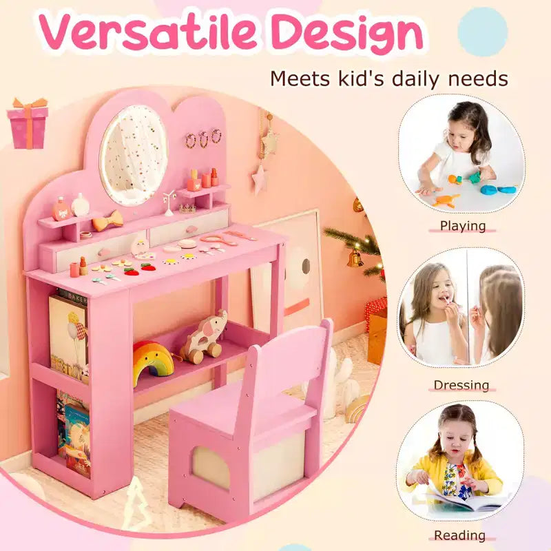 Costway Toeletta per bambini con luci, 2 cassetti e libreria a 2 ripiani, 3 ganci e 2 mensole aperte bianco/rosa