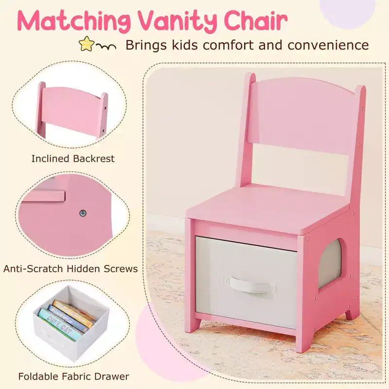 Costway Toeletta per bambini con luci, 2 cassetti e libreria a 2 ripiani, 3 ganci e 2 mensole aperte bianco/rosa