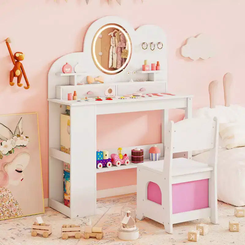 Costway Toeletta per bambini con luci, 2 cassetti e libreria a 2 ripiani, 3 ganci e 2 mensole aperte bianco/rosa