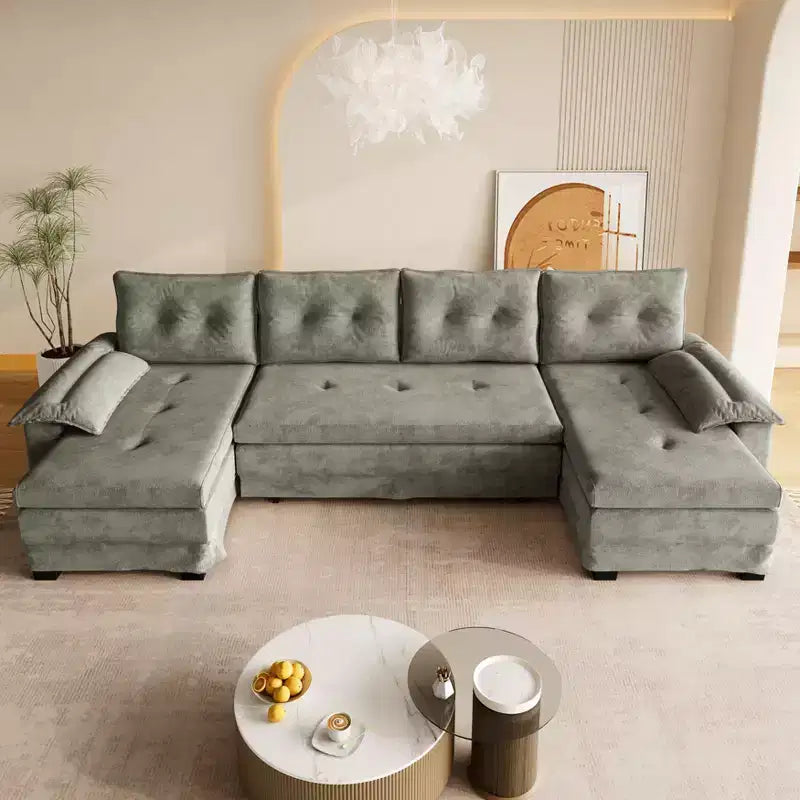 GDFStudio Yuna Divano Letto Moderno a U in Ferro e Legno, Rivestito in Ciniglia, con Letto Estraibile e Porte USB