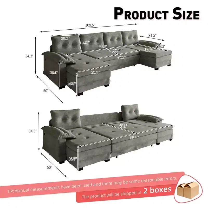 GDFStudio Yuna Divano Letto Moderno a U in Ferro e Legno, Rivestito in Ciniglia, con Letto Estraibile e Porte USB