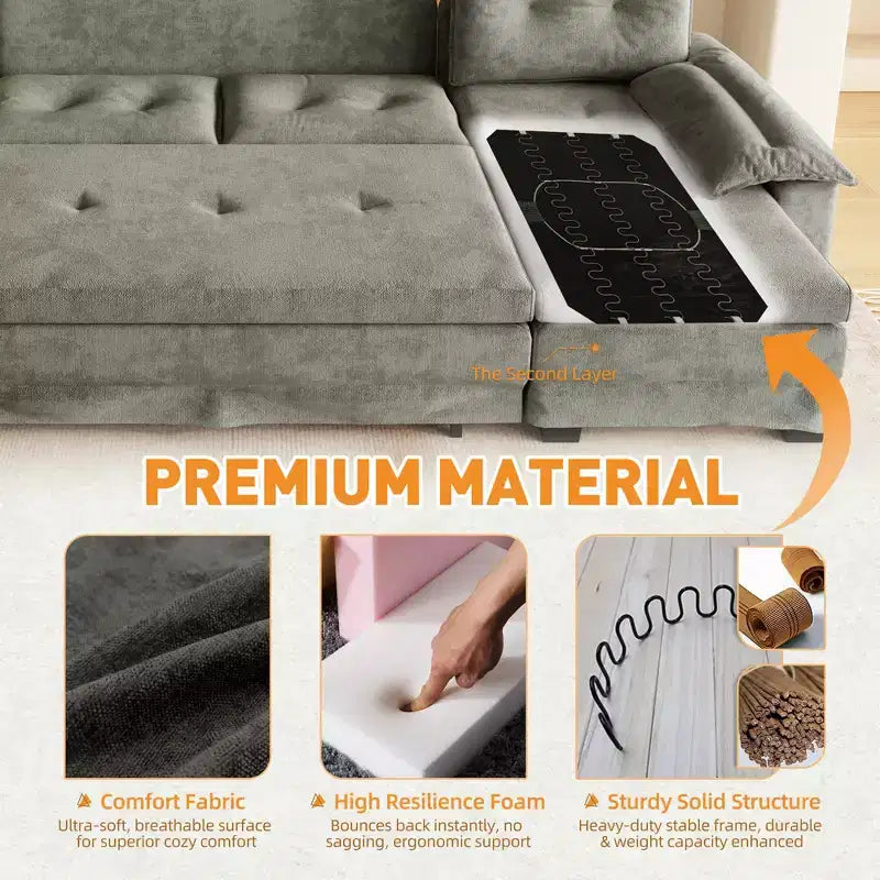 GDFStudio Yuna Divano Letto Moderno a U in Ferro e Legno, Rivestito in Ciniglia, con Letto Estraibile e Porte USB