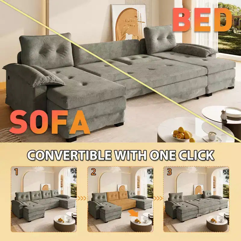 GDFStudio Yuna Divano Letto Moderno a U in Ferro e Legno, Rivestito in Ciniglia, con Letto Estraibile e Porte USB