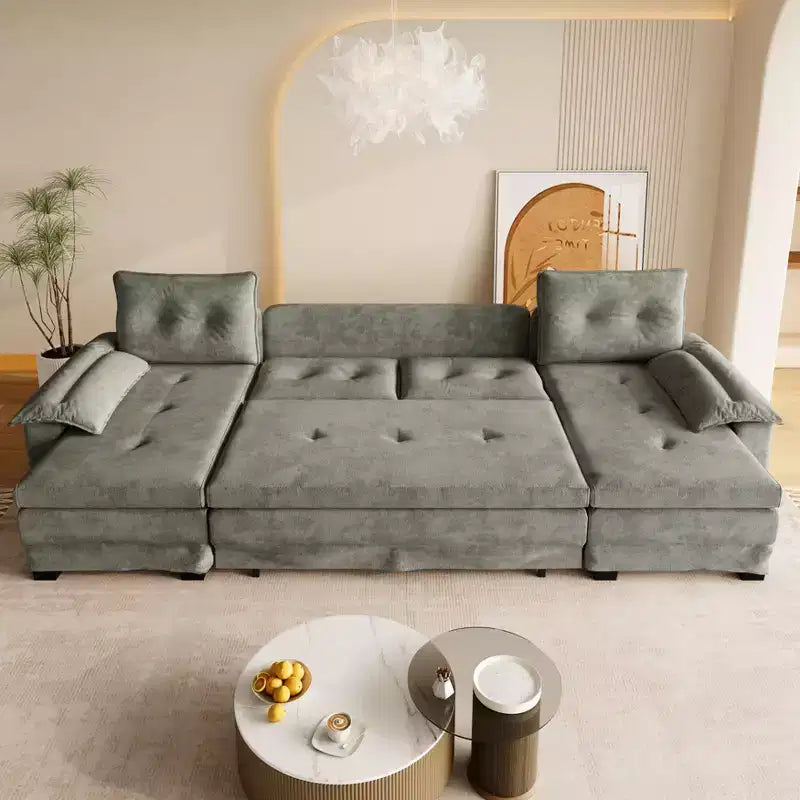 GDFStudio Yuna Divano Letto Moderno a U in Ferro e Legno, Rivestito in Ciniglia, con Letto Estraibile e Porte USB