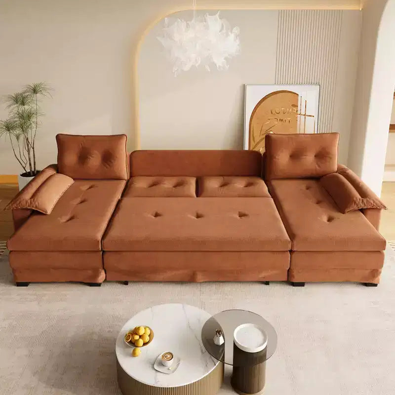 GDFStudio Yuna Divano Letto Moderno a U in Ferro e Legno, Rivestito in Ciniglia, con Letto Estraibile e Porte USB