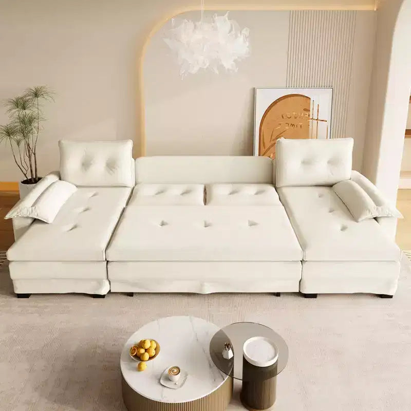 GDFStudio Yuna Divano Letto Moderno a U in Ferro e Legno, Rivestito in Ciniglia, con Letto Estraibile e Porte USB