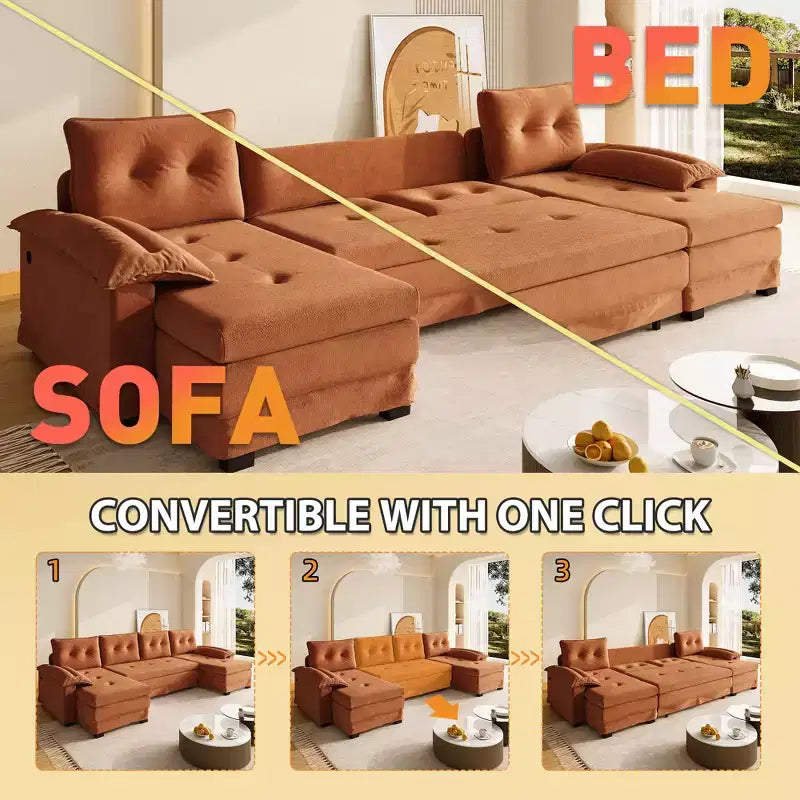 GDFStudio Yuna Divano Letto Moderno a U in Ferro e Legno, Rivestito in Ciniglia, con Letto Estraibile e Porte USB