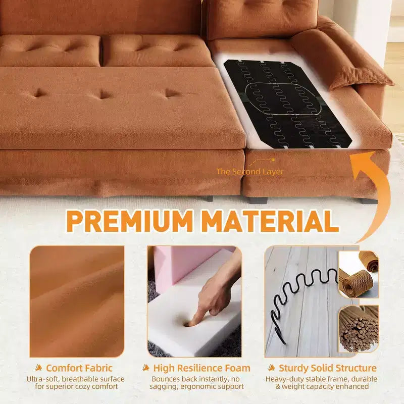 GDFStudio Yuna Divano Letto Moderno a U in Ferro e Legno, Rivestito in Ciniglia, con Letto Estraibile e Porte USB
