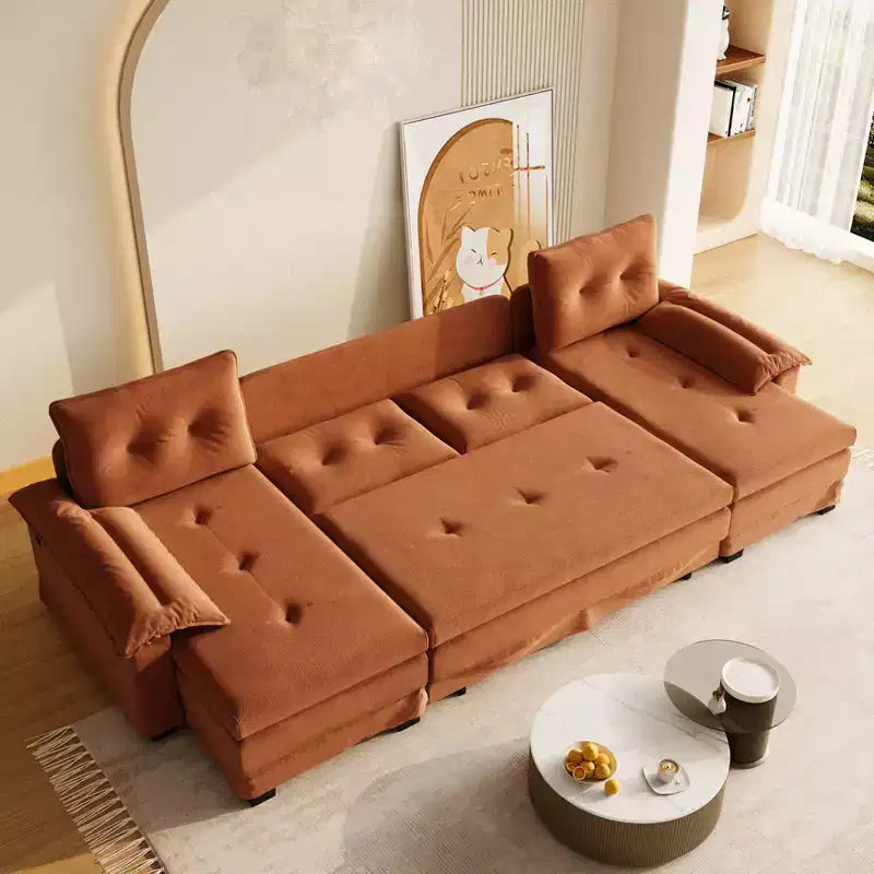 GDFStudio Yuna Divano Letto Moderno a U in Ferro e Legno, Rivestito in Ciniglia, con Letto Estraibile e Porte USB
