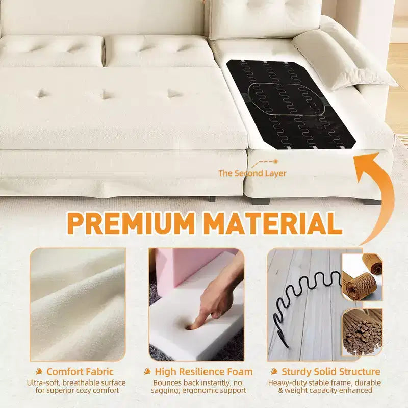 GDFStudio Yuna Divano Letto Moderno a U in Ferro e Legno, Rivestito in Ciniglia, con Letto Estraibile e Porte USB