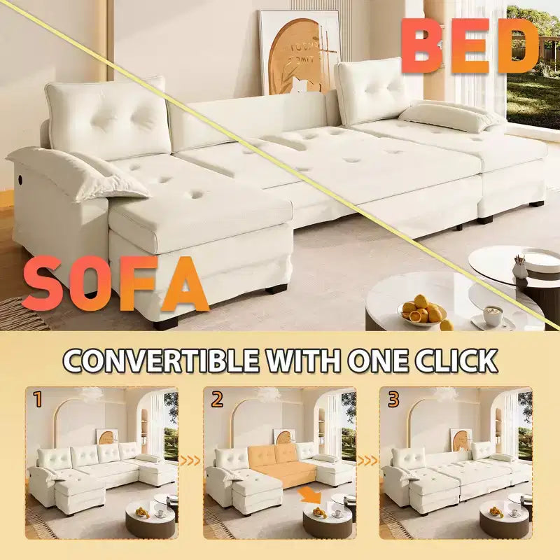 GDFStudio Yuna Divano Letto Moderno a U in Ferro e Legno, Rivestito in Ciniglia, con Letto Estraibile e Porte USB