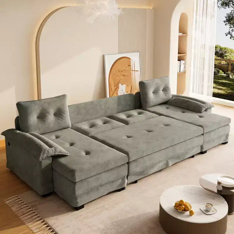 GDFStudio Yuna Divano Letto Moderno a U in Ferro e Legno, Rivestito in Ciniglia, con Letto Estraibile e Porte USB