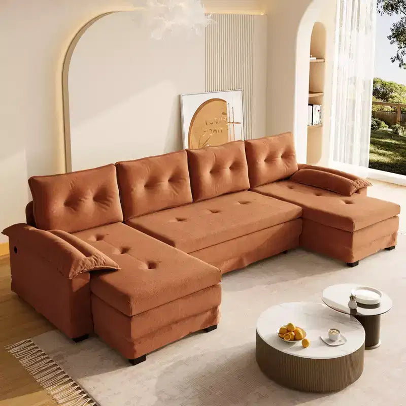 GDFStudio Yuna Divano Letto Moderno a U in Ferro e Legno, Rivestito in Ciniglia, con Letto Estraibile e Porte USB