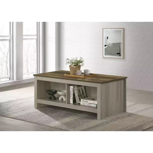Nyla 43W Gray Oak Coffee Table with Open Shelves, Front Back Shelves Walnut Finish Contrast Tabletop Living Room Table