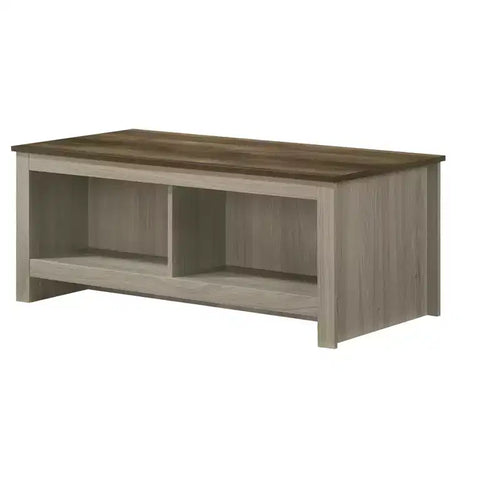 Tavolino da caffè in rovere grigio da 43" con ripiani aperti, ripiani frontali e posteriori, finitura in noce, piano del tavolo a contrasto, tavolo da soggiorno