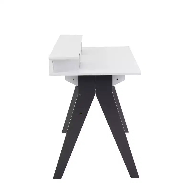 Scrivania per Computer Contemporanea Wishbone, Legno Grigio/Bianco:: Workstation da Ufficio Moderno di Metà Secolo con Cassetto Portaoggetti e Mensola