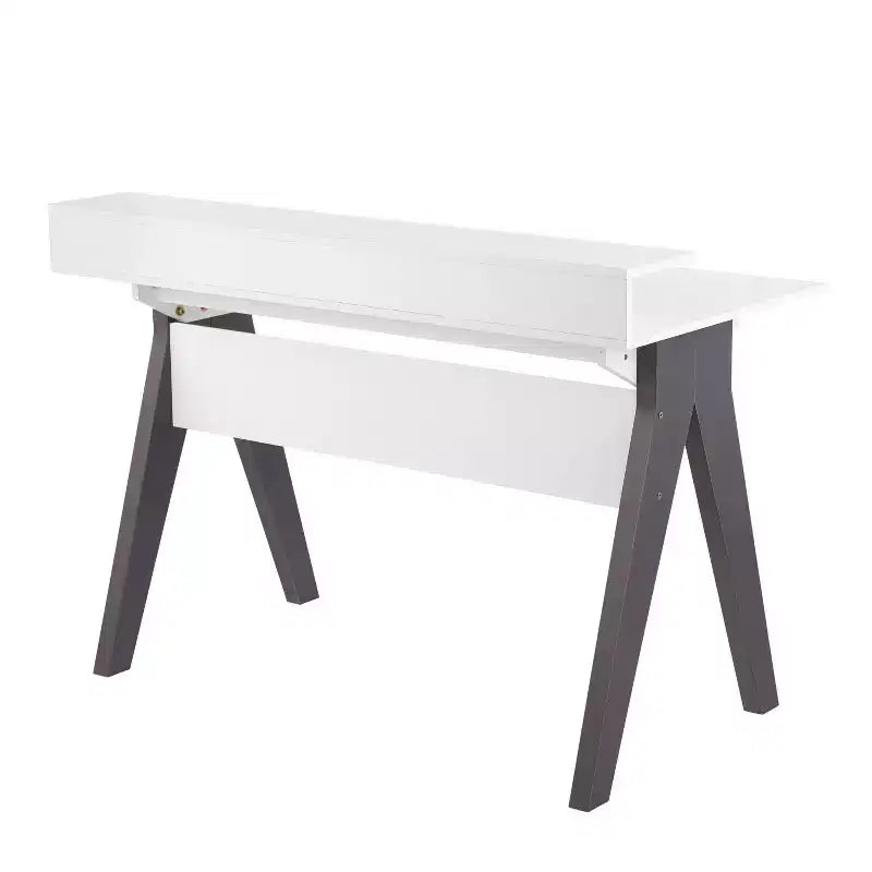 Scrivania per Computer Contemporanea Wishbone, Legno Grigio/Bianco:: Workstation da Ufficio Moderno di Metà Secolo con Cassetto Portaoggetti e Mensola