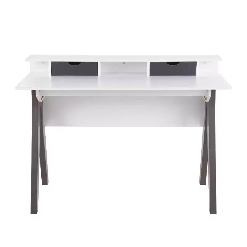 Scrivania per Computer Contemporanea Wishbone, Legno Grigio/Bianco:: Workstation da Ufficio Moderno di Metà Secolo con Cassetto Portaoggetti e Mensola