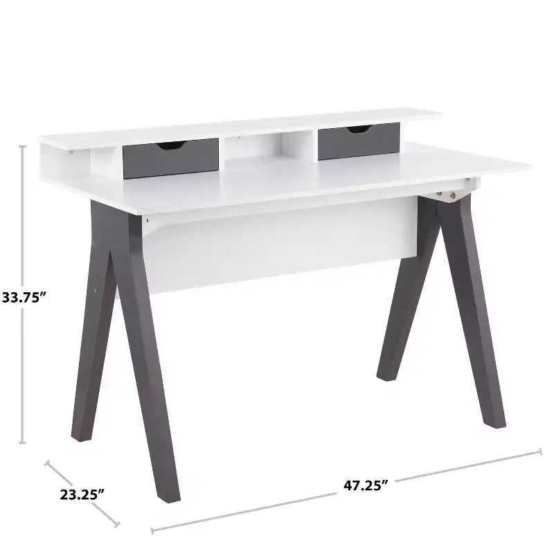 Scrivania per Computer Contemporanea Wishbone, Legno Grigio/Bianco:: Workstation da Ufficio Moderno di Metà Secolo con Cassetto Portaoggetti e Mensola