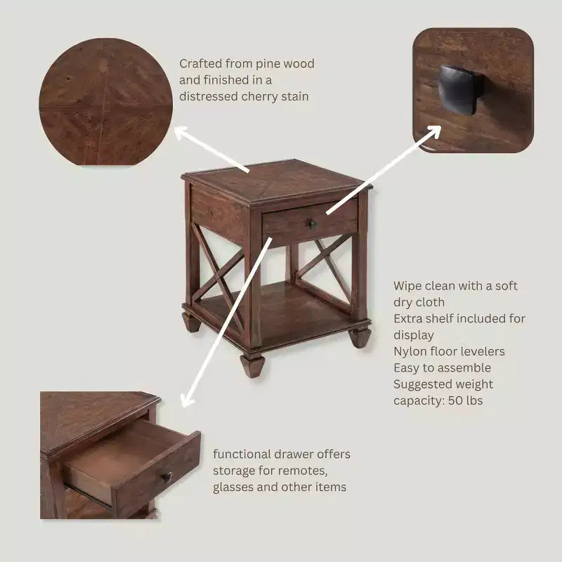 Tavolino in legno Bridgton Square con cassetto da 21" - Ciliegio