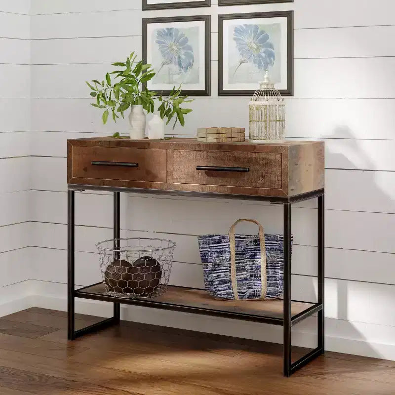 Morris Console Table Marrone - : Finitura anticata moderna, larghezza 36", forma rettangolare per ingresso, struttura in legno