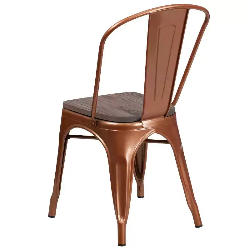 Sedia da pranzo impilabile in metallo colorato con seduta in legno