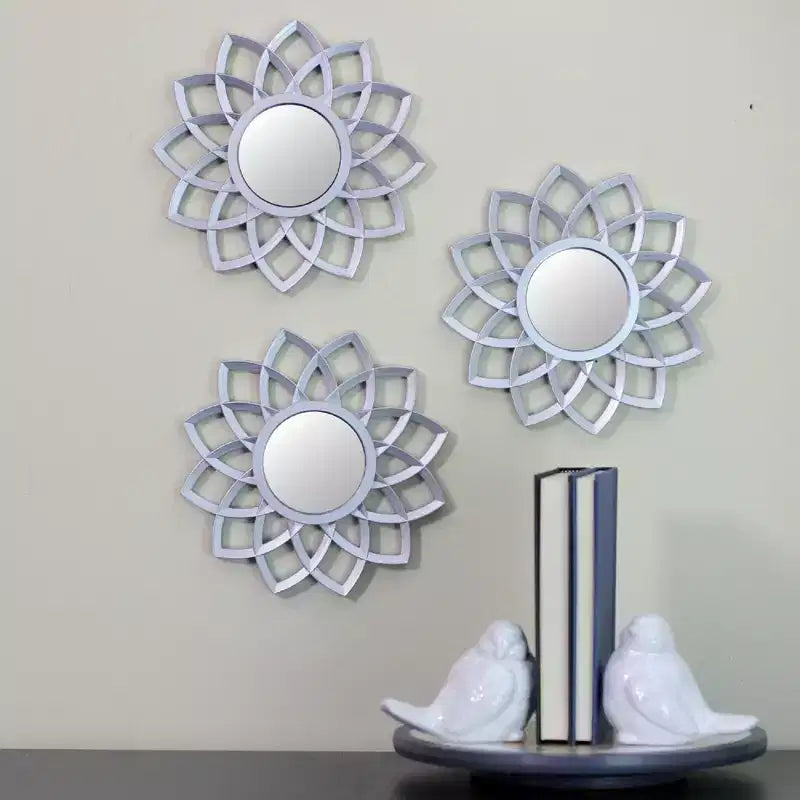 Set di 3 specchi floreali a forma di arco, argento opaco, decorazione da parete 10